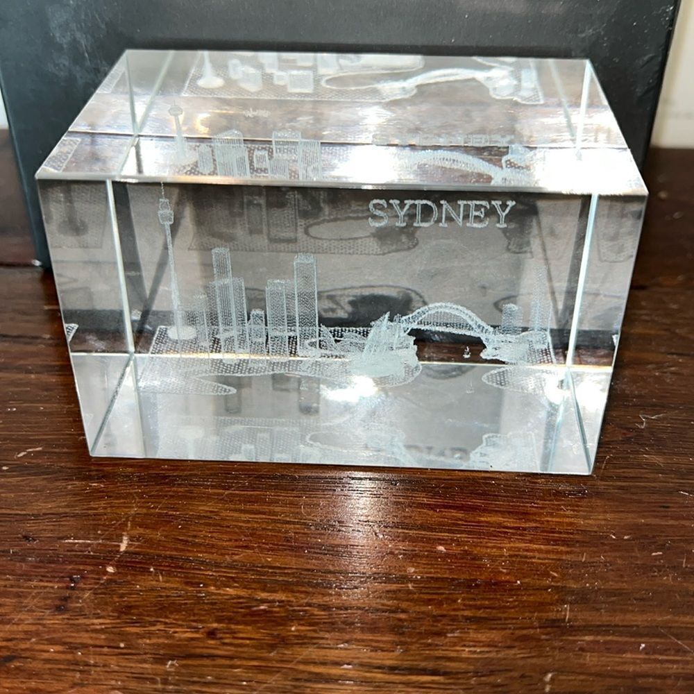 3”x 2”x 2” Paperweight Etched Crystal Sydney Australia HARBOUR Opera house Block